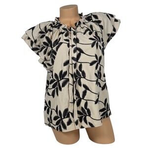 Shannon Ford Womens Size XL Petite Black Leaf Embroidered Ruffle Neck Top Blouse